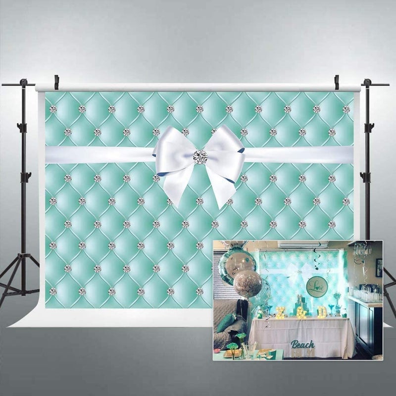 Riyidecor Breakfast Blue Diamonds Bowknot Backdrop Aqua Turquoise Birthday Party Decorations Photography Background 7x5 Feet Teal Bridal Shower Wedding Celebration Props Girl Photo Shoot Fabric - Image 2